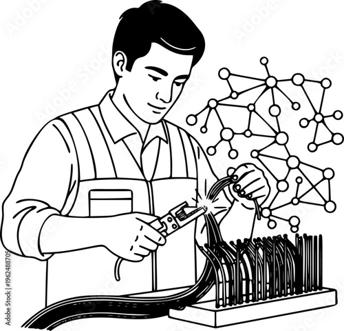 Fiber optic technician man splicing high speed internet cables vector icon
