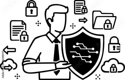 Cybersecurity analyst man protecting network data with shield icons vector icon
