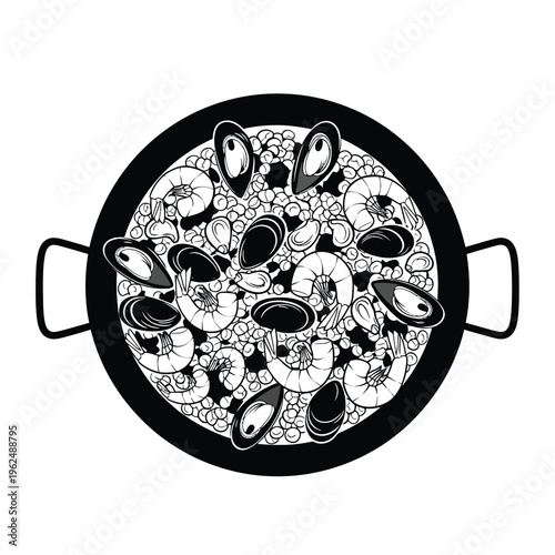 Delicious Seafood Paella Dish in a Pan.