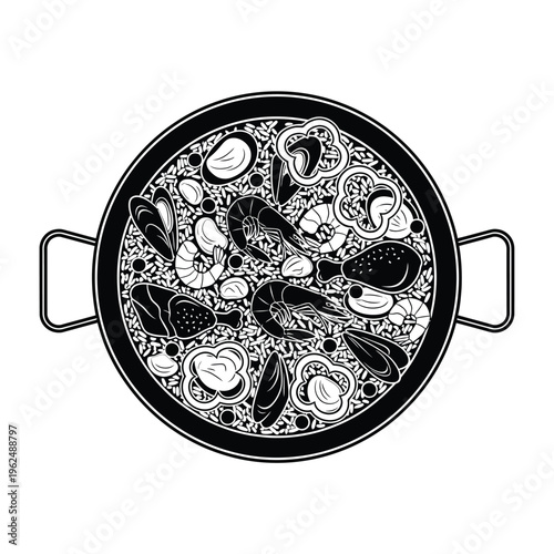 Delicious Seafood Paella Dish in a Pan Top View Black and White Illustration.