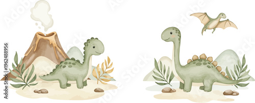 Two friendly green dinosaurs and a pterodactyl in a prehistoric landscape with volcano and plants