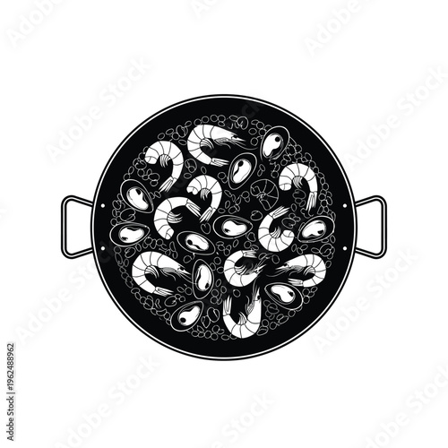 Seafood Paella Dish Black and White Illustration.