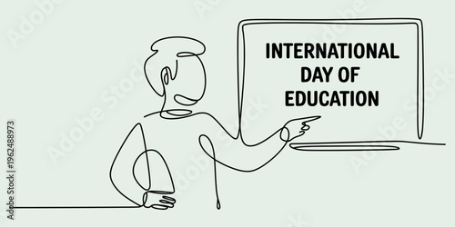 International day of education concept with a teacher pointing to a presentation screen. Vector, illustration