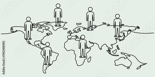 One line drawing of a world map with several people standing on different continents across the globe. Vector, illustration