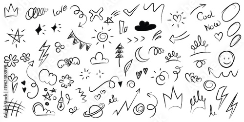 Black and white note doodle icons set, hand drawn abstract symbols, arrows, hearts, stars, scribbles, minimal sketch design elements collection isolated background
