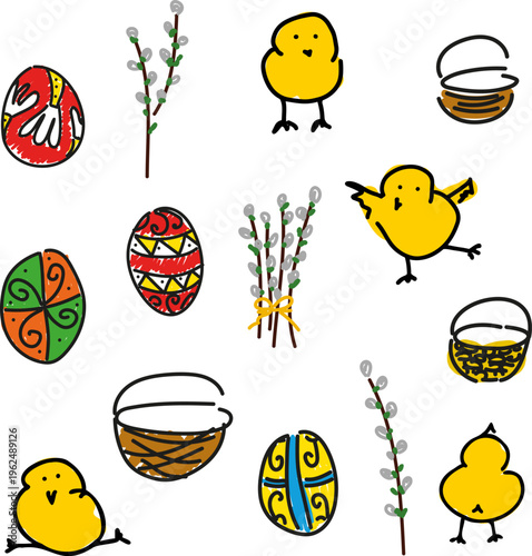 Hand drawn Easter set with cute cartoon chicks, decorated pysanka eggs, wicker baskets and pussy willow branches. Naive doodle style illustration isolated on white background. Traditional spring holid