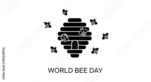 Black bee hive with flying bees.