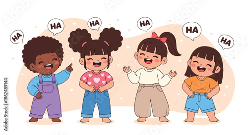 Four diverse cartoon children laughing and having fun together with speech bubbles against a soft peach background with white dots.
