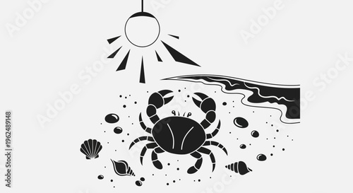 Black crab on sandy ocean floor.