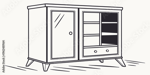 Vintage wooden cabinet with glass door and three drawers.