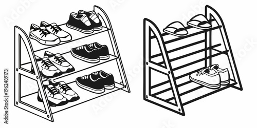 Two metal shoe racks with multiple shelves for organizing footwear.