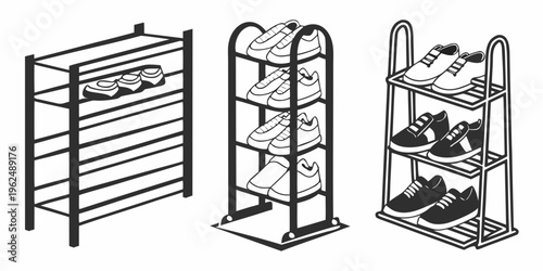 Three different types of metal shelving units with various designs and storage options