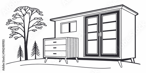 A serene outdoor scene featuring a wooden shed with a dresser and trees