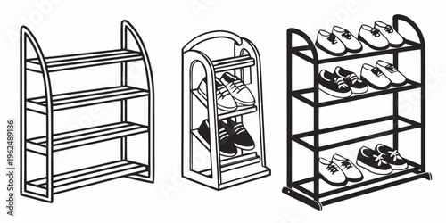 Three different types of racks for shoes and other items