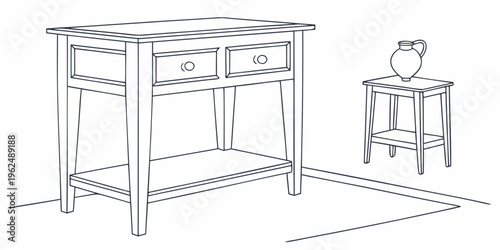 A vintage wooden desk with drawers and a matching side table with a vase.