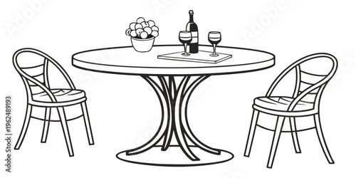 A cozy outdoor setting with a round table, two chairs, and a wine bottle.