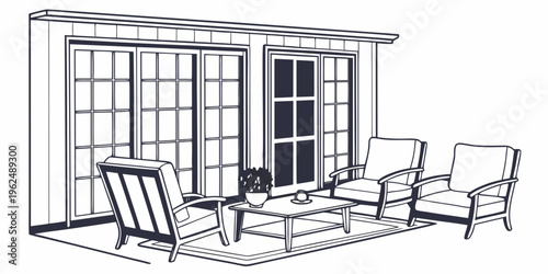 Modern living room with large windows and comfortable furniture