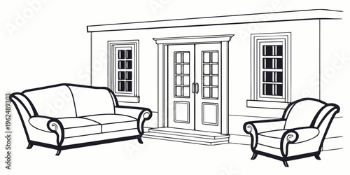 A cozy living room with a comfortable sofa and armchair facing a door with windows.