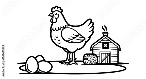 chicken standing next to eggs.