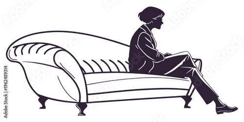 A woman in a vintage dress sitting on a classic white couch.
