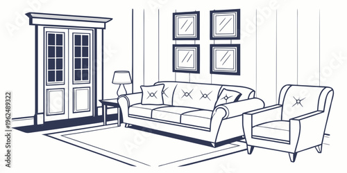 A cozy living room with a couch, armchairs, and a fireplace