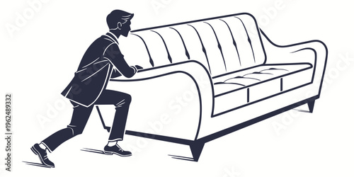 A person in a suit and sunglasses pushing a large white couch