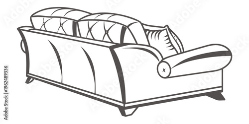 A vintage style sofa with rolled arms and wooden feet in a minimalist illustration