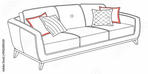 A cozy white sofa with red and white patterned pillows