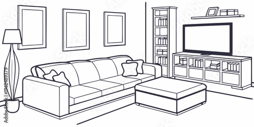 Modern living room with large windows and cozy furniture arrangement