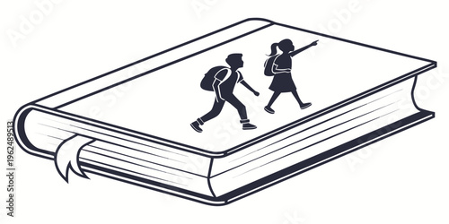 Illustration of two people running towards an open book with a path.