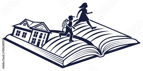Children exploring a fantasy world through a giant open book.