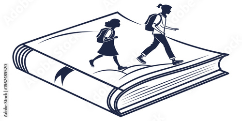 Illustration of two children walking on top of an open book