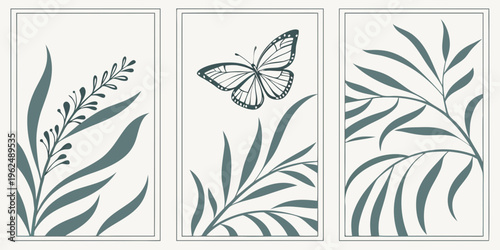 Delicate butterfly and plant illustrations on a white background