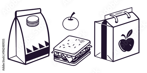 A variety of packed lunches with sandwiches and fruit.