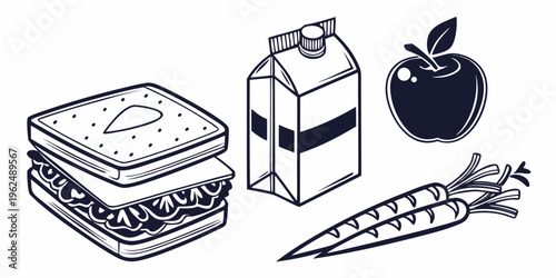 A variety of healthy food items including a sandwich, milk, apple, and carrots