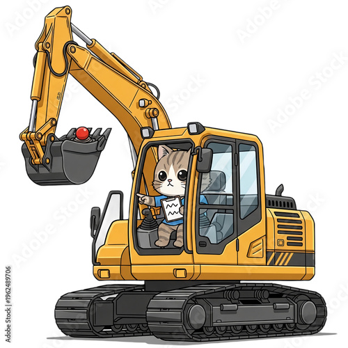 Kawaii cat construction worker driving yellow excavator machinery