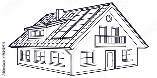 A charming two-story house with solar panels on the roof and a welcoming porch.