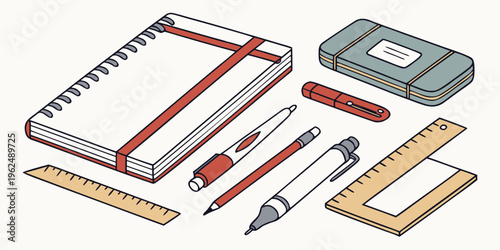 A collection of school supplies neatly arranged on a wooden table.