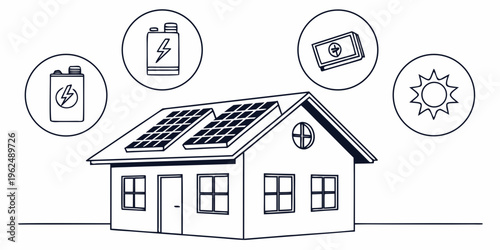 A house with solar panels and various icons representing energy efficiency and savings.