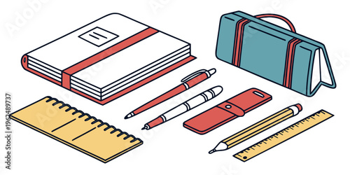 A collection of school supplies including books, notebooks, pens, and pencils