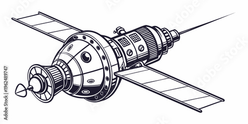 A detailed illustration of a satellite with solar panels and various instruments