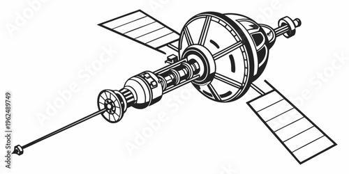 A detailed illustration of a satellite with solar panels and antennas in space.