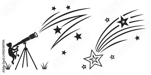 Astronomer observing a meteor shower with a telescope under a starry night sky