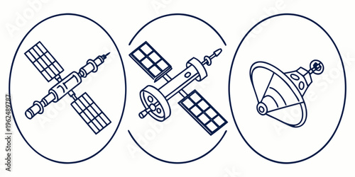 Three distinct spacecraft illustrations in circular frames, showcasing space exploration technology.