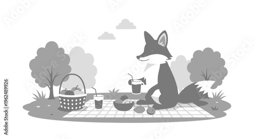 Fox sitting on picnic blanket outdoors 1.