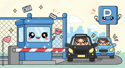 Cartoon illustration of a smiling parking attendant waving at a driver in a black car with a blue parking booth and gate in a city setting with a cheerful mood.