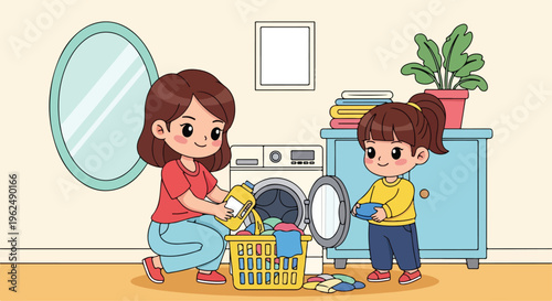 Two children doing laundry in a laundry room with a washing machine and colorful clothes basket.