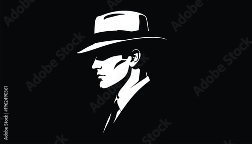 Stylized noir detective man in fedora hat and suit, vintage black and white illustration with strong contrast shadows silhouette art