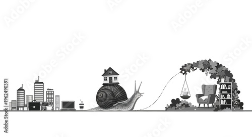 Snail carrying house through city.
