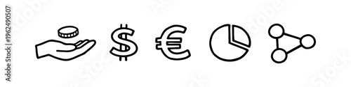 Set of black and white finance and business line icons including dollar sign, euro symbol, pie chart, networking node, and a hand with a coin. Minimalist hand-drawn vector graphics.